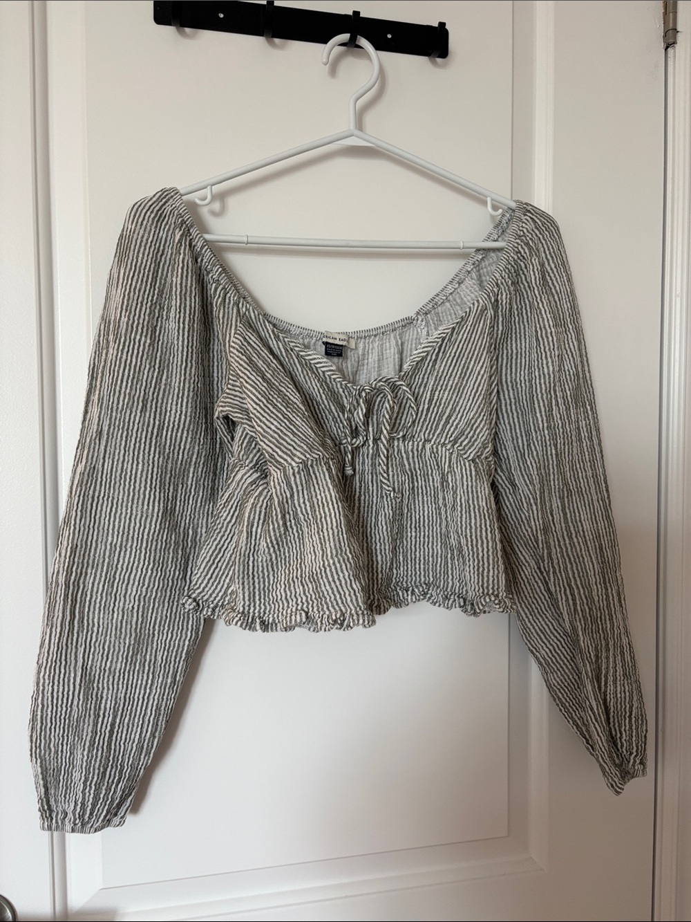 American Eagle Outfitters Striped Peplum Tie-Front Top - Gray/White
